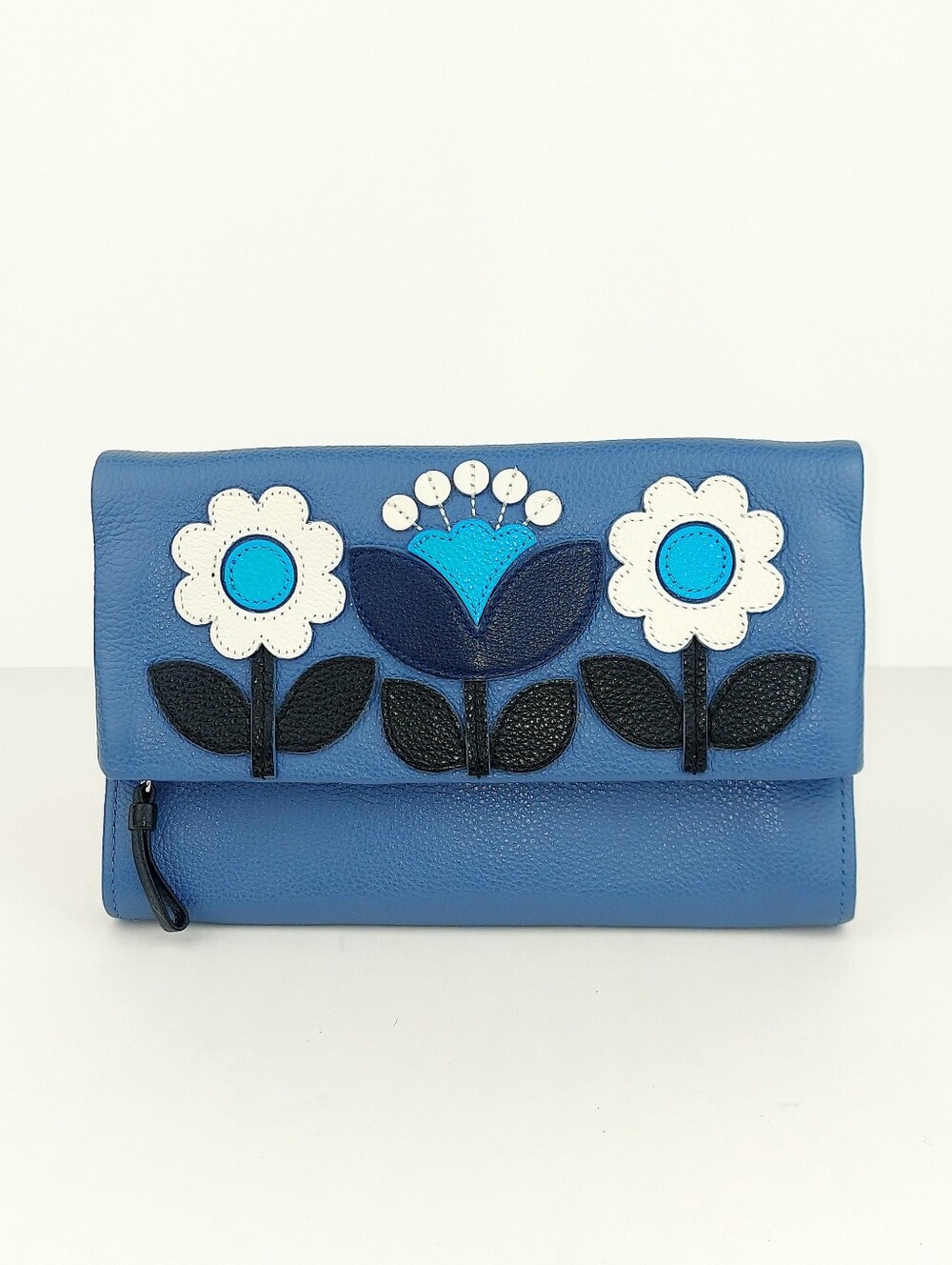 Brighton Blue Leather Organizer Floral Applique Foldover Clutch